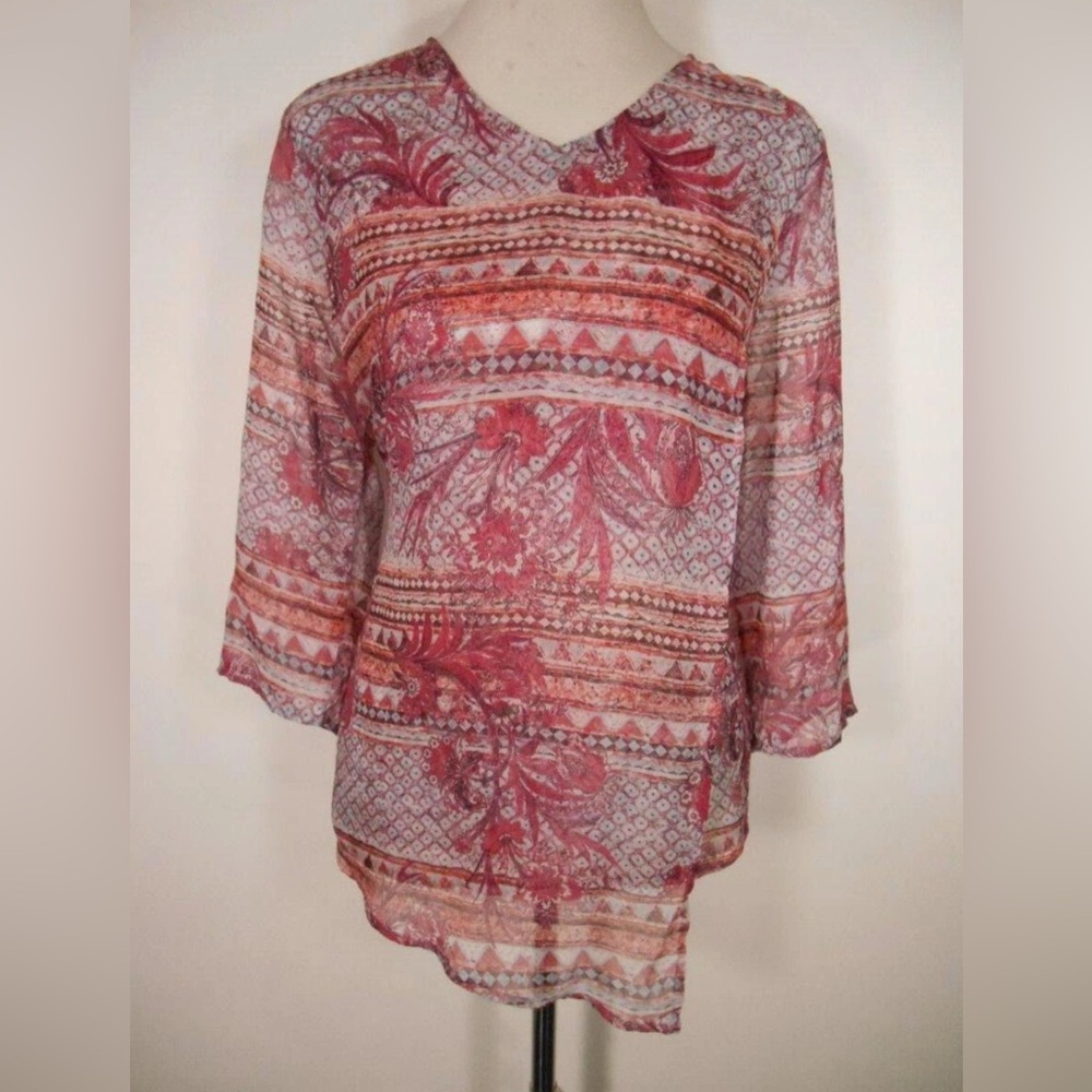 Chico's semi-sheer pink floral 3/4 sleeve layered asymmetric blouse size 3 (XL)